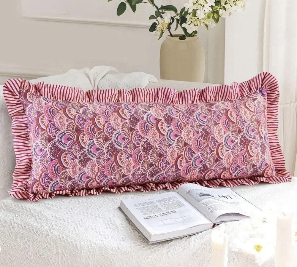 Cotton Block Printed Ruffle Boho Sham Pink 36x14” NWT